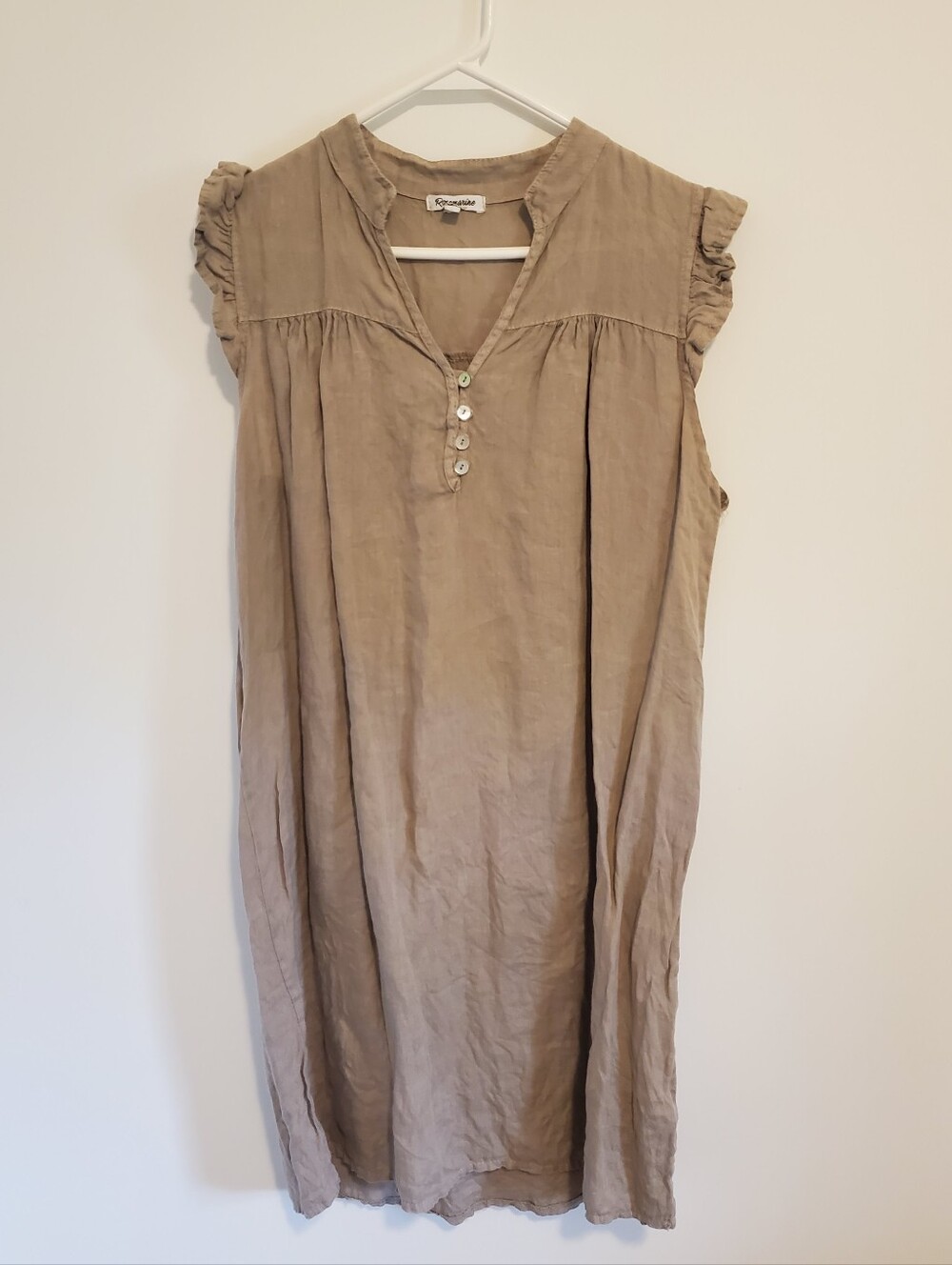 Rosemarine Linen Tan Tunic Dress Lightweight V Neck Button Front Size Small